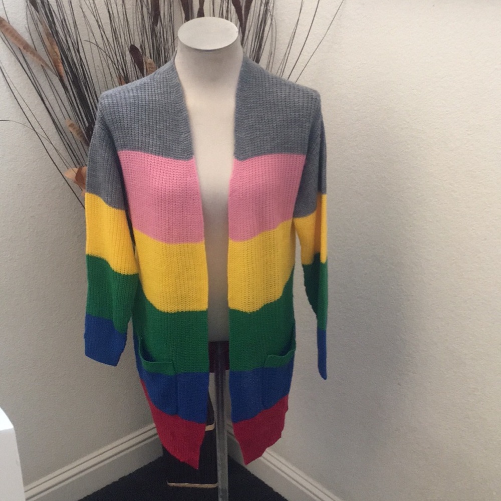 Ultra Flirt Rainbow Stripe Long Cardigan Sweater - Picture 3 of 13